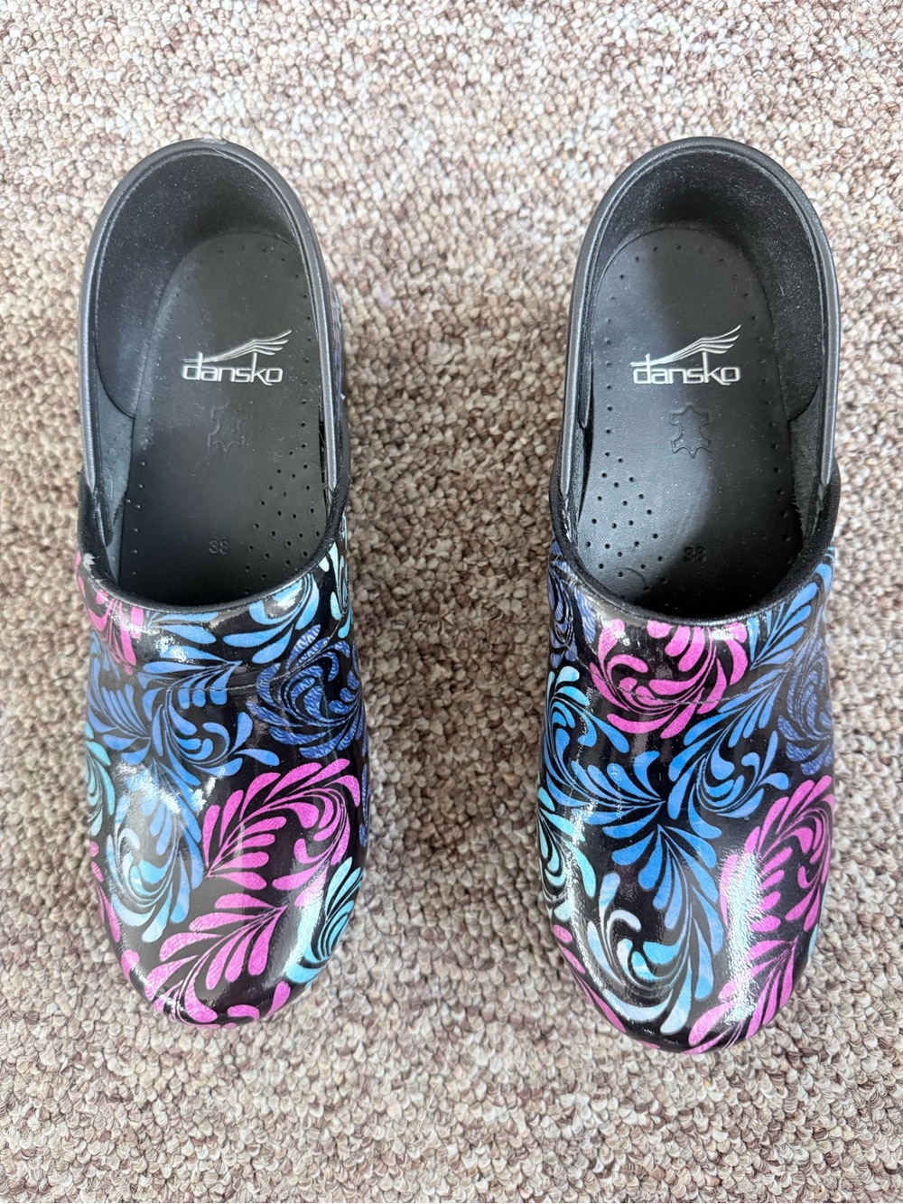 Dansko Black Clogs with Pink & Blue Floral Swirl